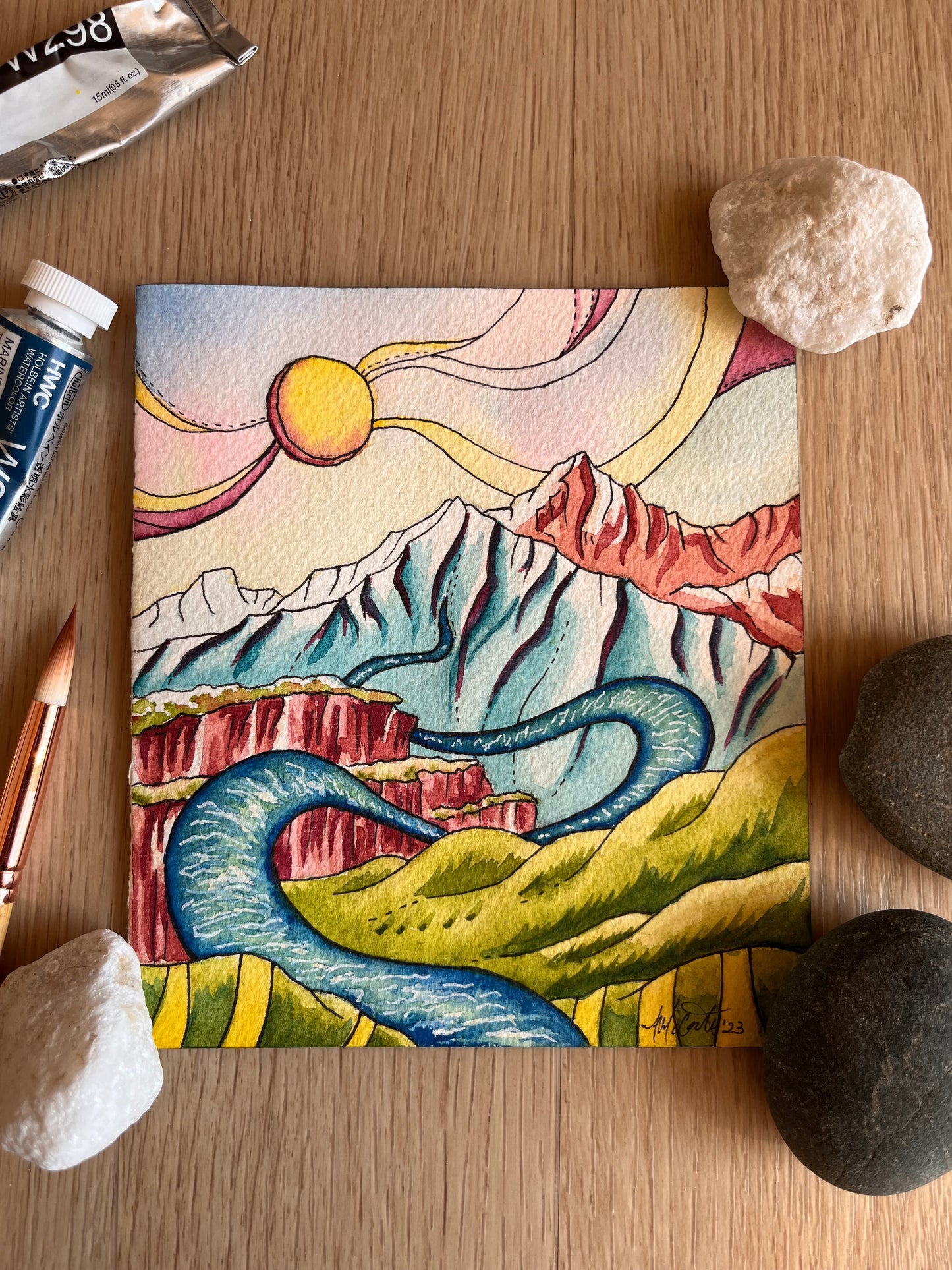 Whimsical St. Vrain – Colorado River Landscape Original Watercolor Painting