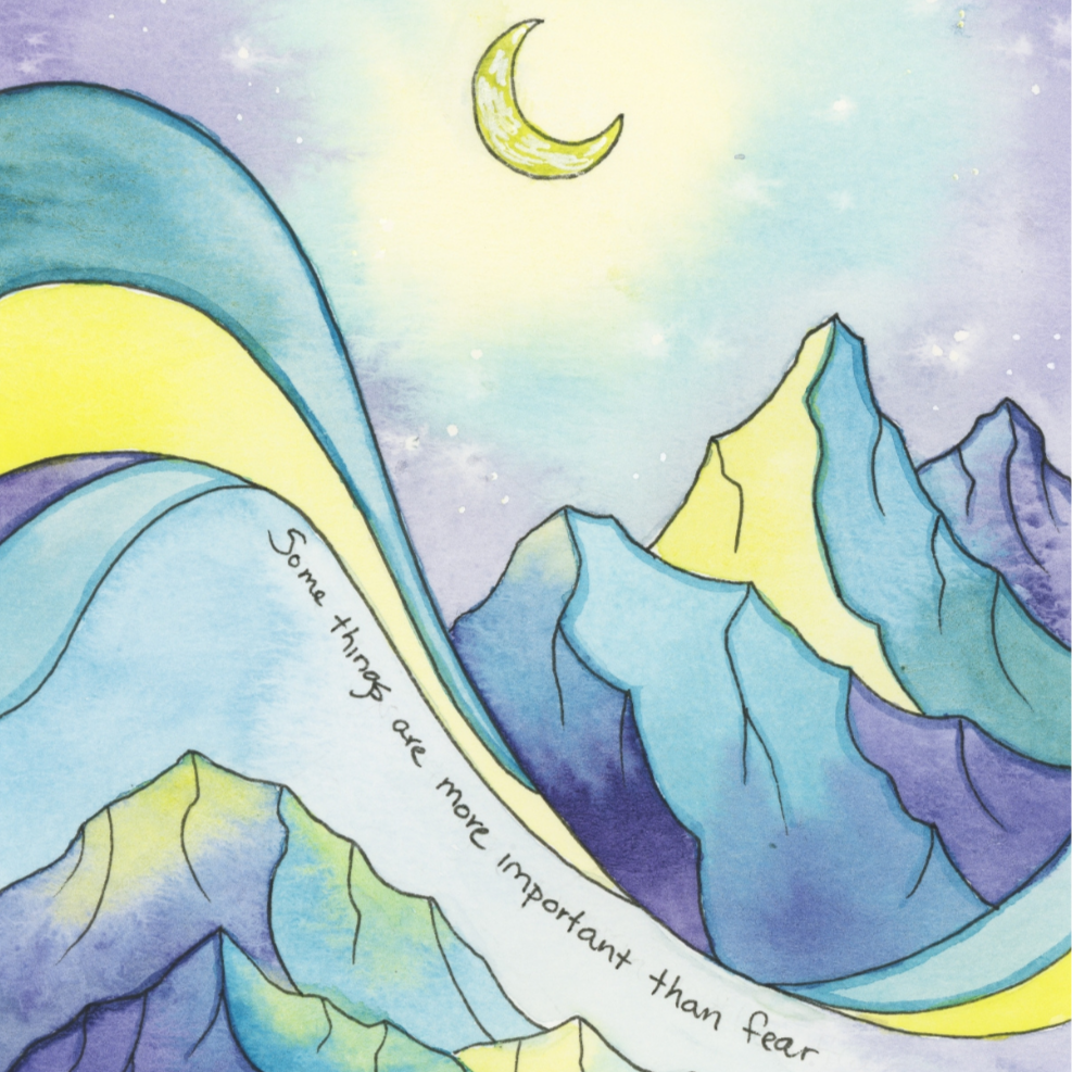 A paper fine art print featuring a watercolor illustration of mountains under a night sky with a crescent moon and stars. inspired by Sarah J. Maas quote