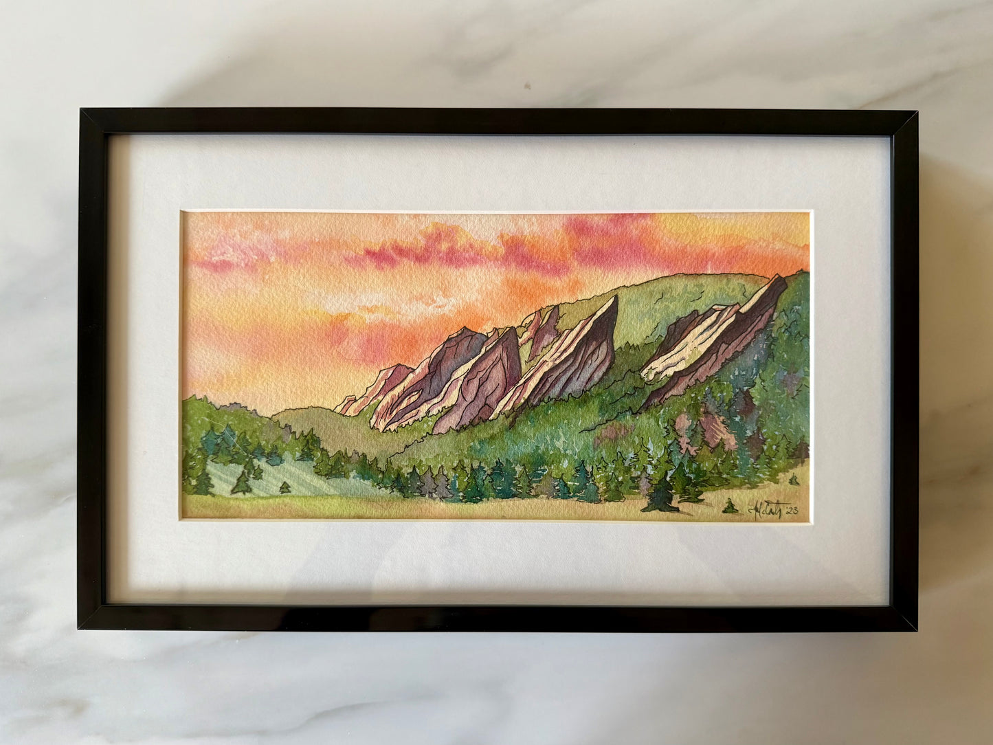 Sunrise Over the Flatirons – Boulder, Colorado Nature Original Watercolor Painting