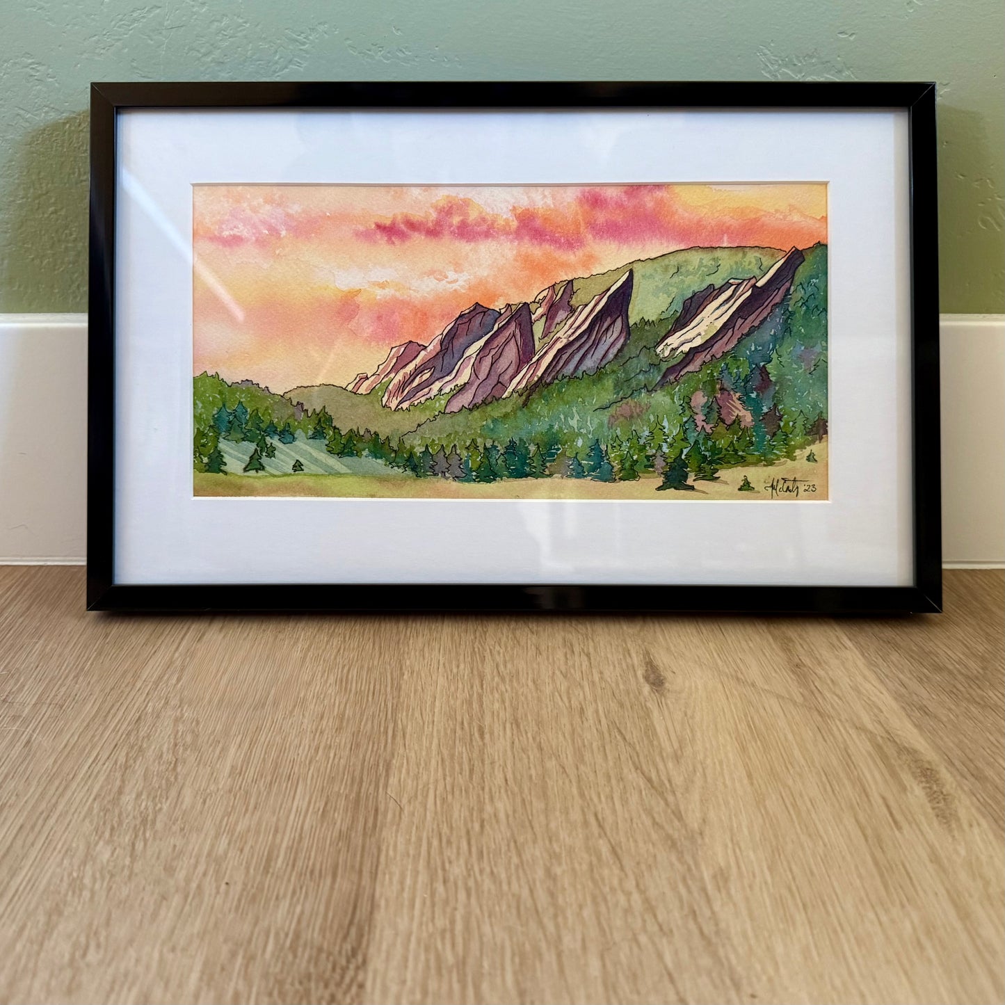 Sunrise Over the Flatirons – Boulder, Colorado Nature Original Watercolor Painting