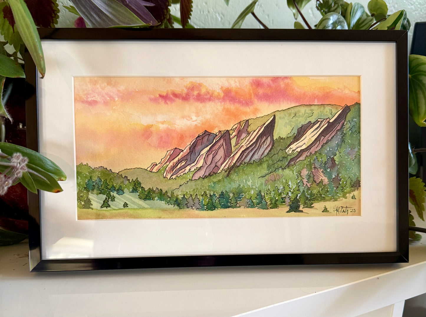 Sunrise Over the Flatirons – Boulder, Colorado Nature Original Watercolor Painting