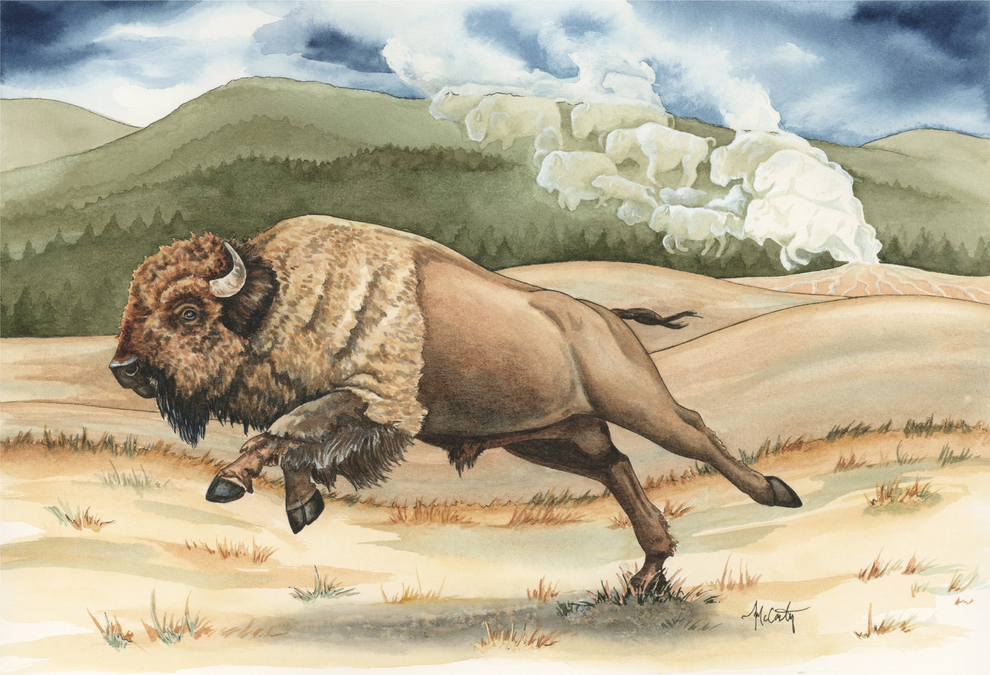 Yellowstone Thunder — Charging Bison in Yellowstone Original Watercolor Painting