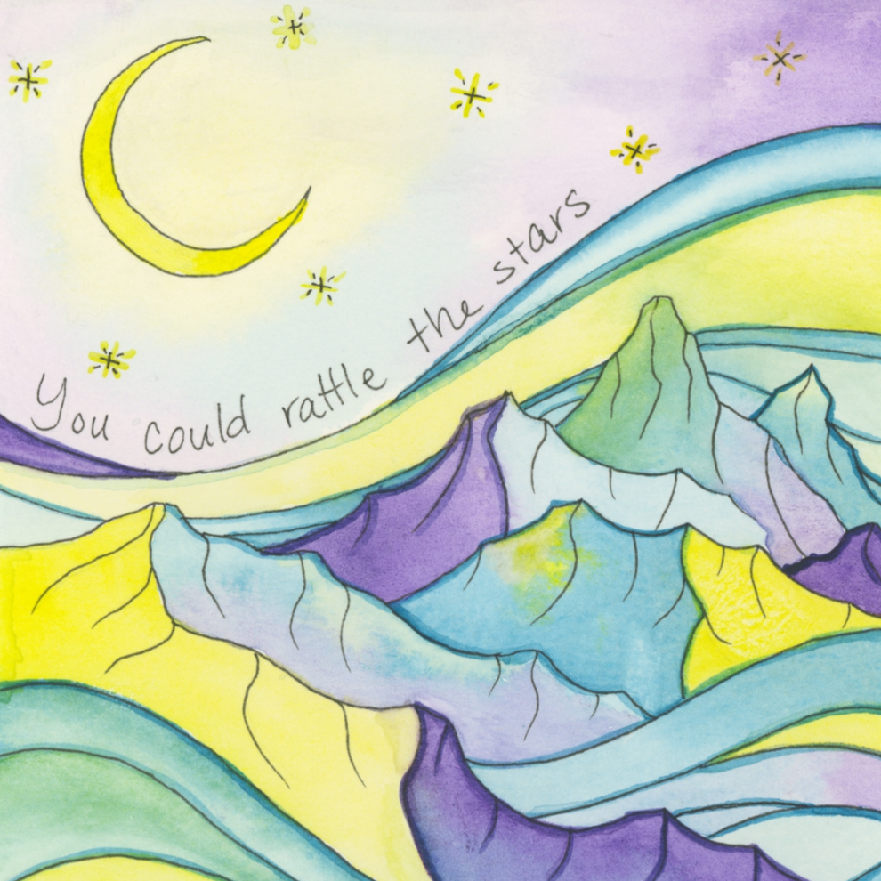 A colorful fine art print featuring a whimsical mountain landscape with a moon and stars, with vibrant hues in blue, yellow, green, and purple. inspired by Sarah J Maas quote