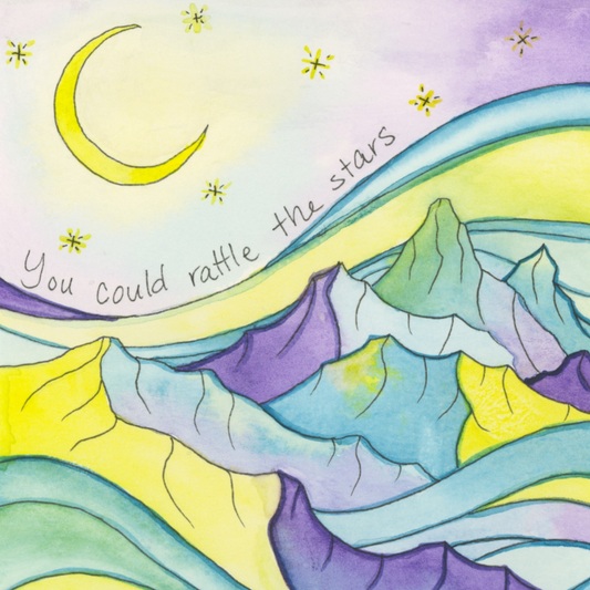 A colorful fine art print featuring a whimsical mountain landscape with a moon and stars, with vibrant hues in blue, yellow, green, and purple. inspired by Sarah J Maas quote