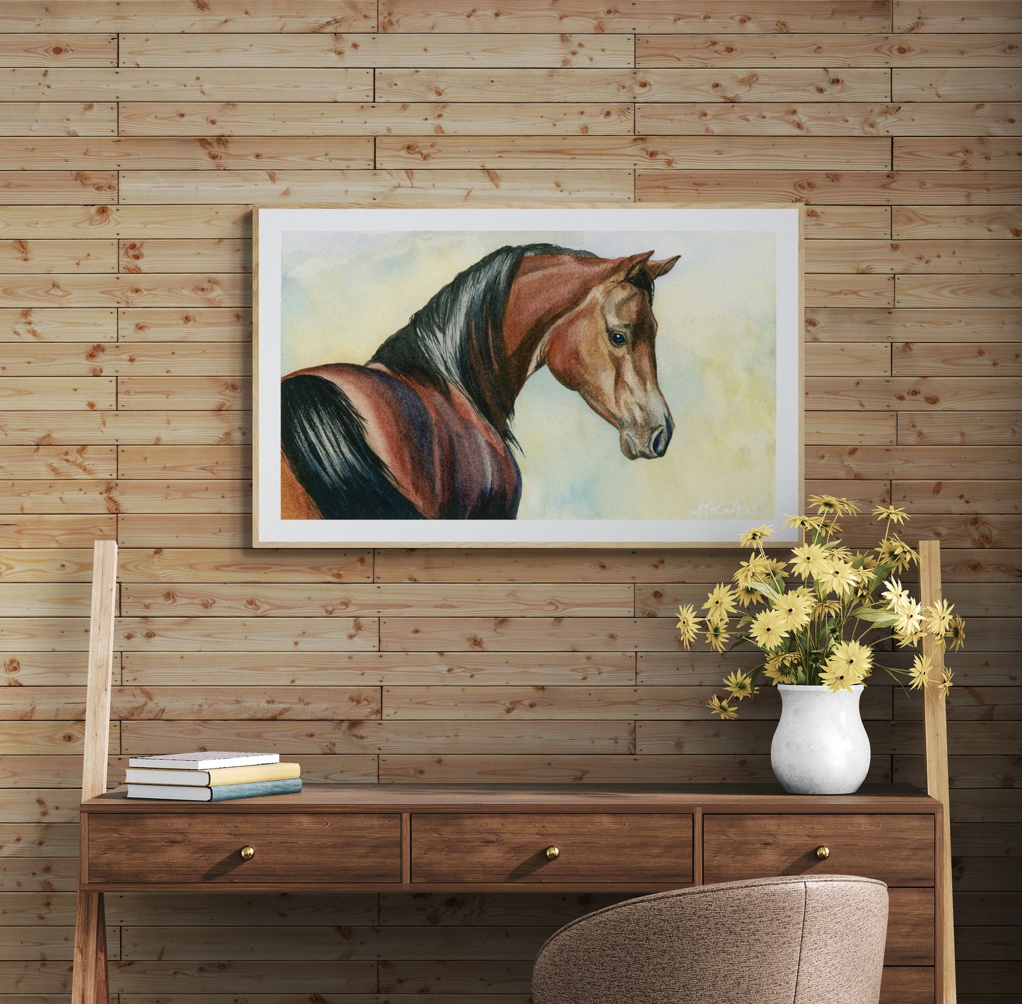 Hey Bay – Elegant Equine Arabian Horse Watercolor Paper Fine Art Print