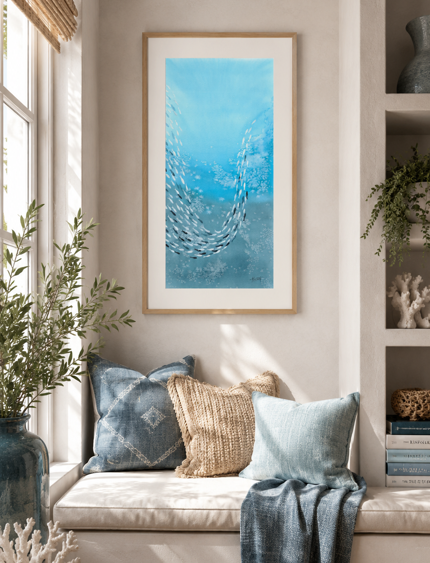 Uplift — Schooling Fish Original Watercolor Painting | 10×20
