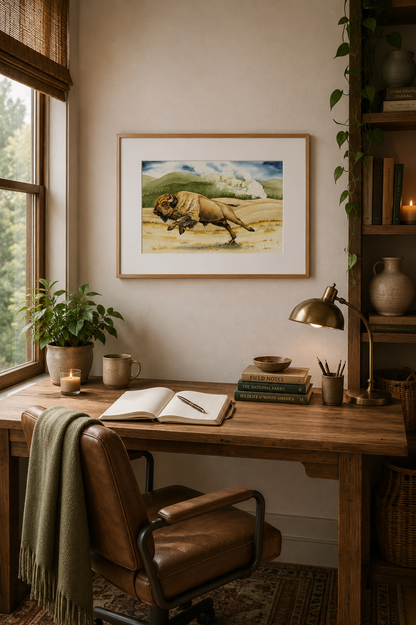 Yellowstone Thunder — Charging Bison in Yellowstone Original Watercolor Painting