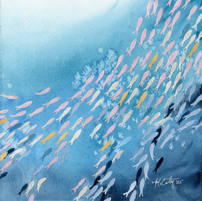 Colorful Crowd – Original Underwater Fish School Movement Watercolor Painting
