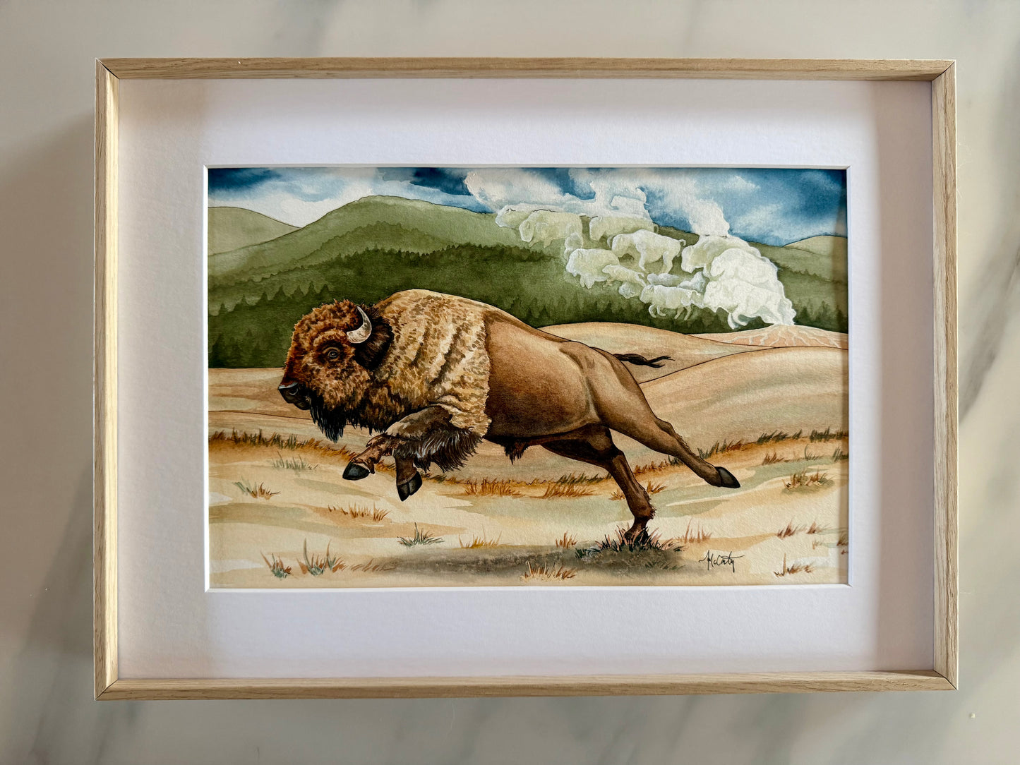 Yellowstone Thunder — Charging Bison in Yellowstone Original Watercolor Painting