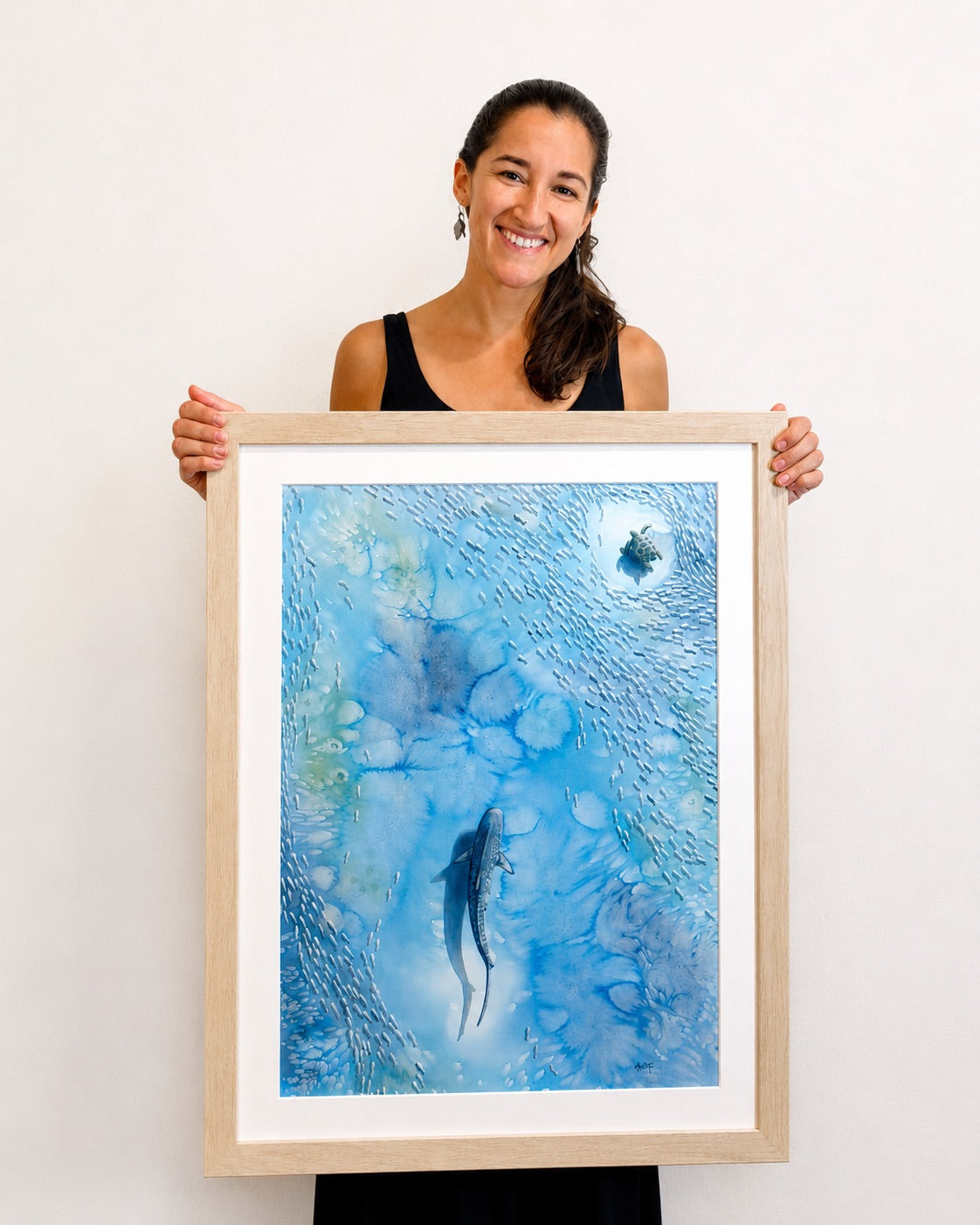Veiled in Silver — Sea Turtle & Tiger Shark Original Watercolor Painting | 18×24