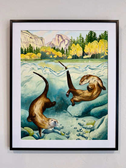 Remember to Romp — River Otters in Yosemite National Park Original Watercolor Painting