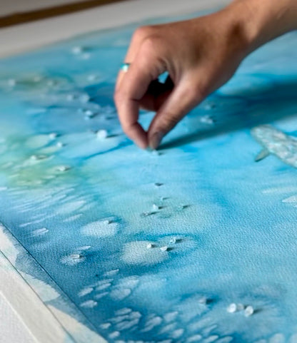 Veiled in Silver — Sea Turtle & Tiger Shark Original Watercolor Painting | 18×24