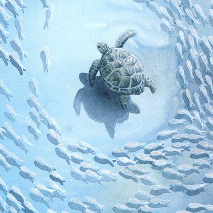 Veiled in Silver — Sea Turtle & Tiger Shark Original Watercolor Painting | 18×24