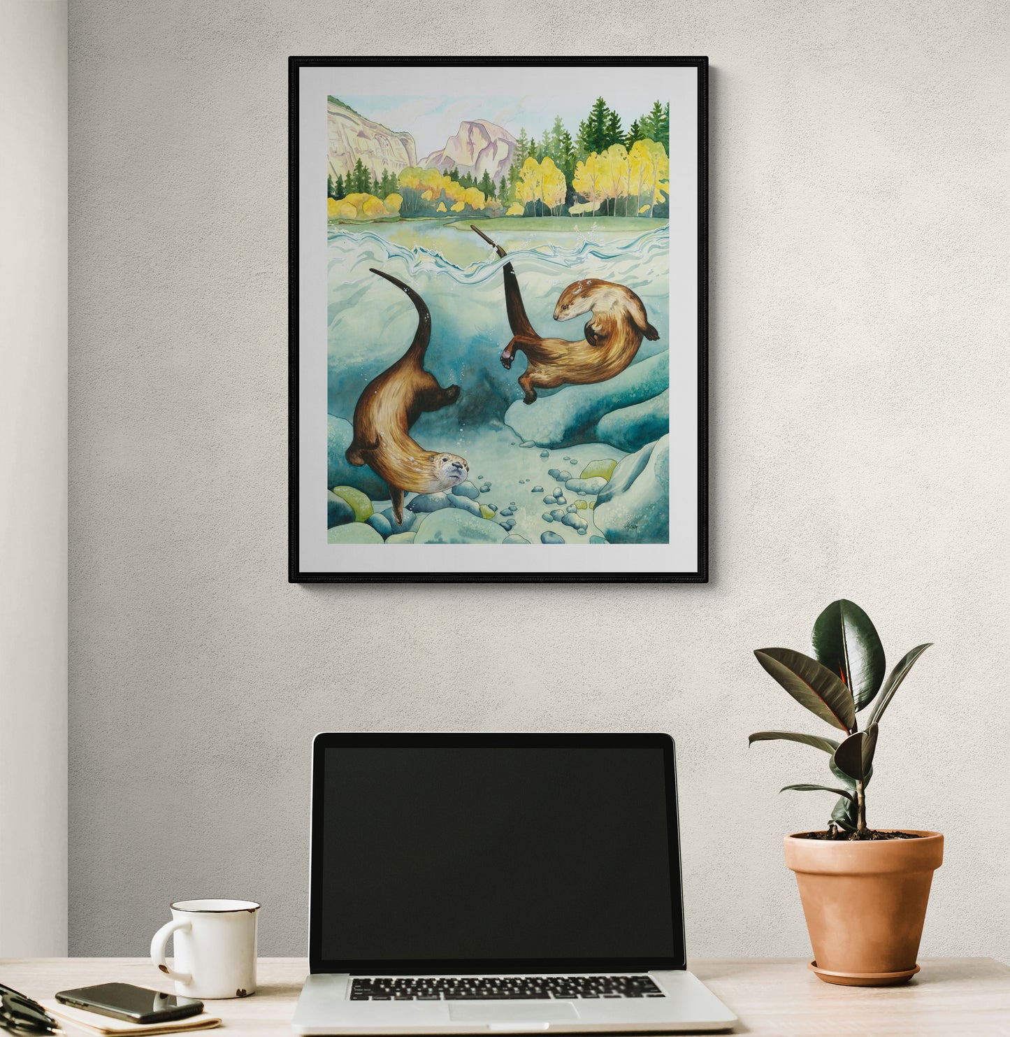 Remember to Romp — River Otters in Yosemite National Park Original Watercolor Painting